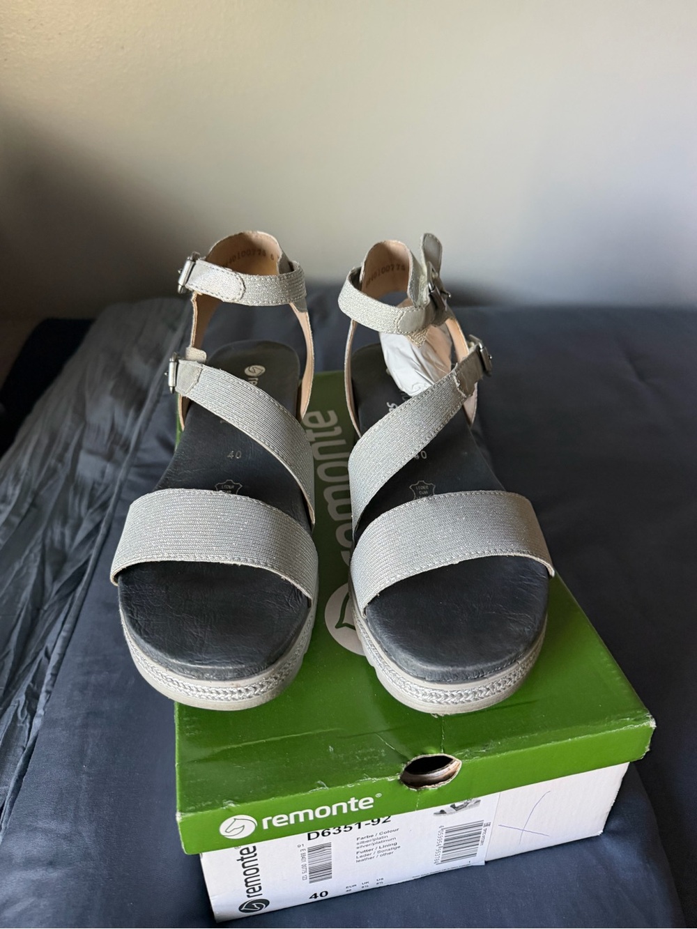 Remonte Silver Metallic Cross-Strap Wedge Sandals